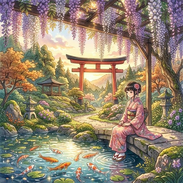 Anime style girl in kimono by koi pond in Japanese garden