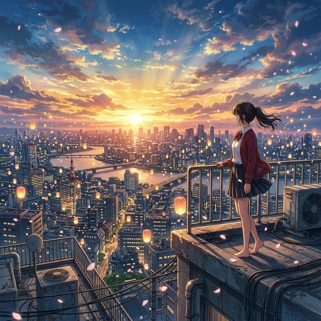 Anime style girl standing on rooftop overlooking city with floating lanterns in sky