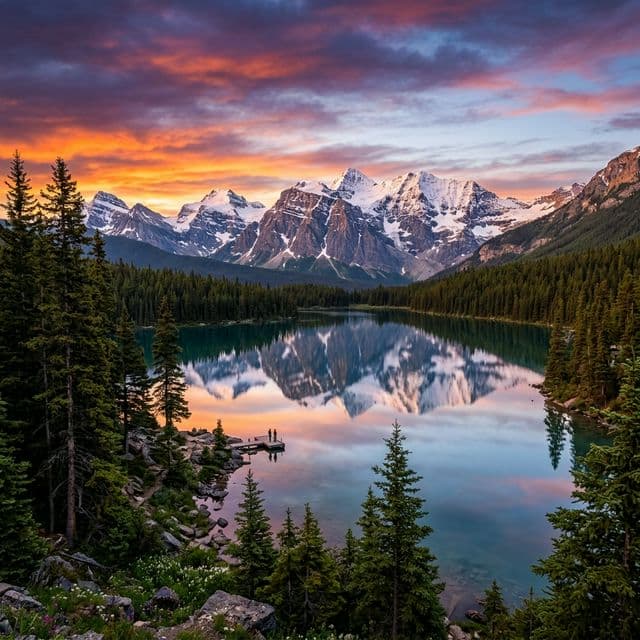 Snow-capped mountain lake reflection at sunrise