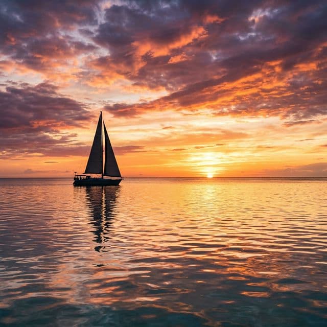 Lone sailboat silhouette in ocean sunset